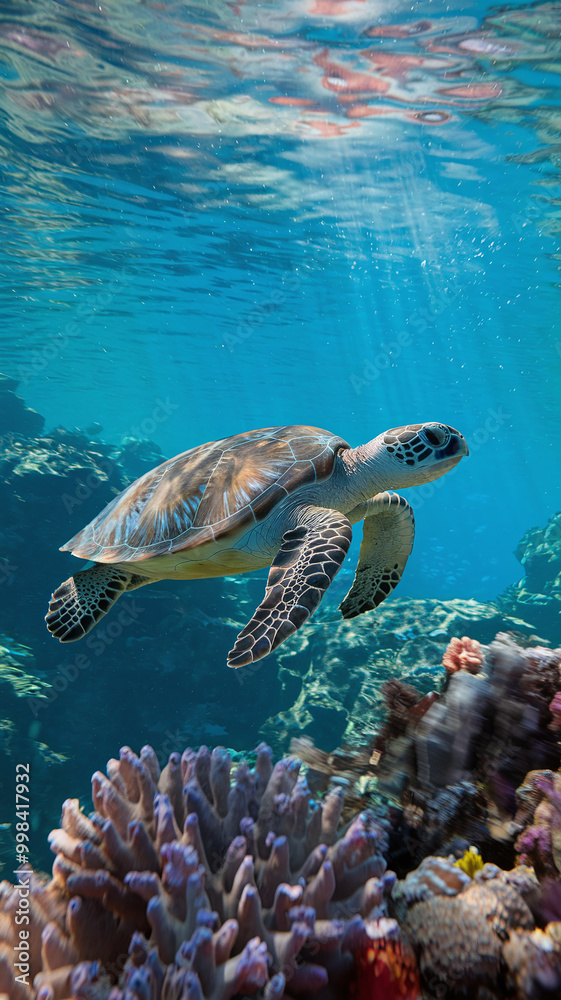 Fototapeta premium Majestic Sea Turtle Swimming Over Vibrant Coral Reef in Clear Blue Ocean