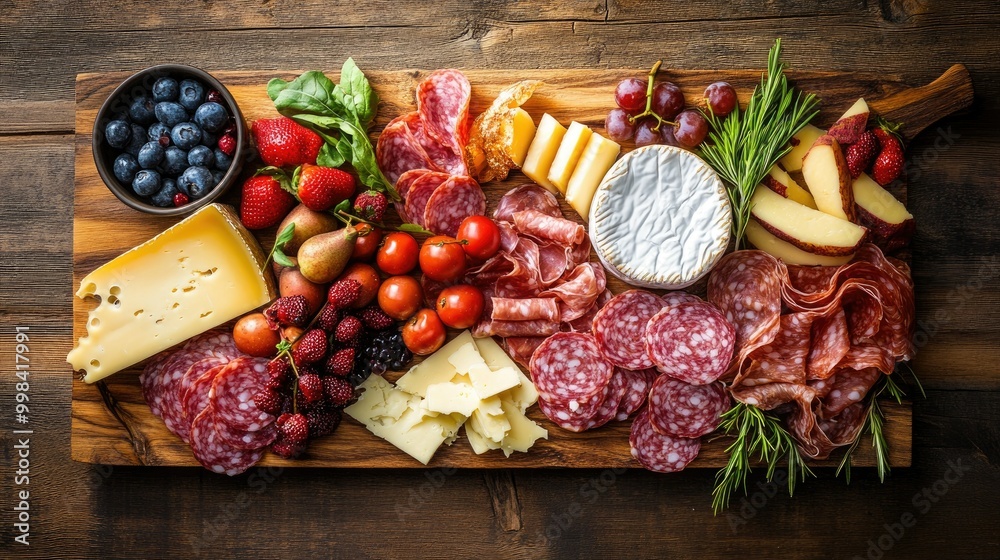 A rustic wooden table with a freshly made charcuterie board featuring assorted cheeses, meats, and fruits.