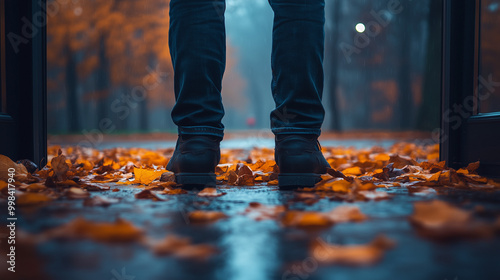 A person stands at an open door, surrounded by autumn leaves, in a serene, misty environment characterized by warm tones and a sense of calm.