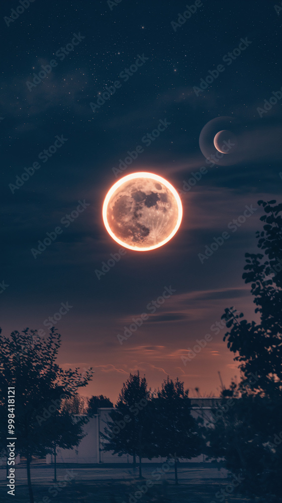 Majestic Full Moon Glowing in Twilight Sky with Silhouette of Trees and Stars Majestic Full Moon Glowing in Twilight Sky with Silhouette of Trees and Stars