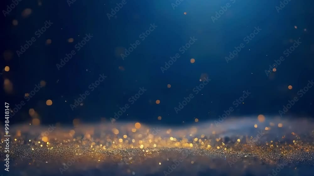 Luxurious blue background with golden shimmering particles cascading across the scene, creating a dazzling and elegant visual display