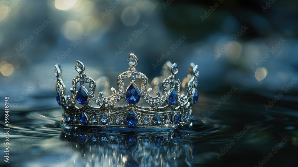 A sapphire-studded silver crown resting on a reflective surface, symbolizing opulence and royalty A sapphire-studded silver crown resting on a reflective surface, symbolizing opulence and royalty
