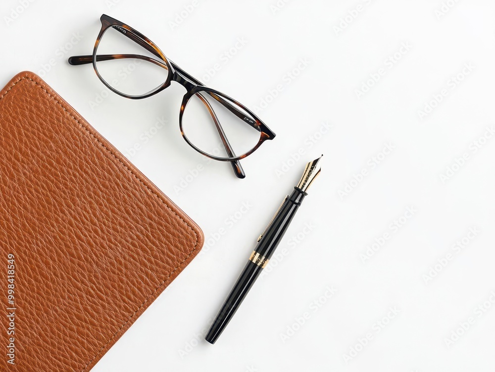 Fototapeta premium Leather desk organizer with a set of reading glasses and a fountain pen, elegant workspace setup