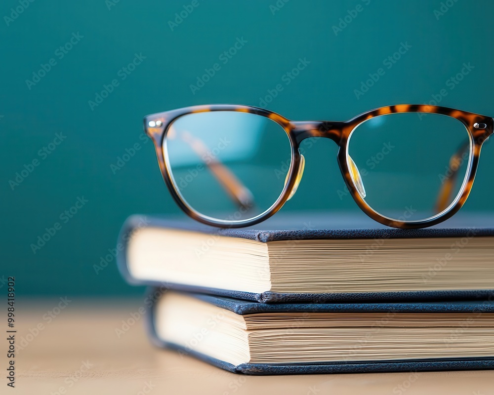 Glasses with a leather frame on a stack of old books, vintage intellectual theme Glasses with a leather frame on a stack of old books, vintage intellectual theme