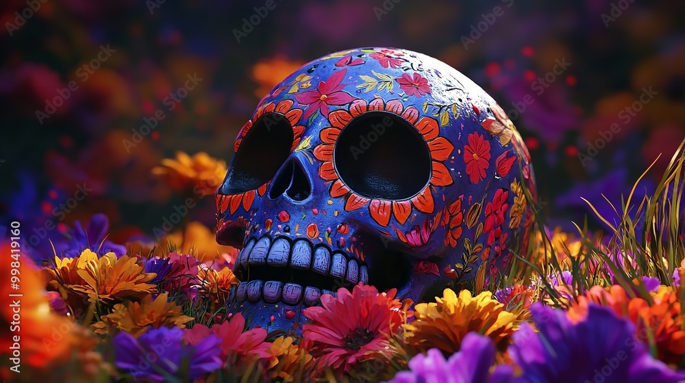 Human skull resting in pink and purple flower bed with pumpkins Human skull resting in pink and purple flower bed with pumpkins