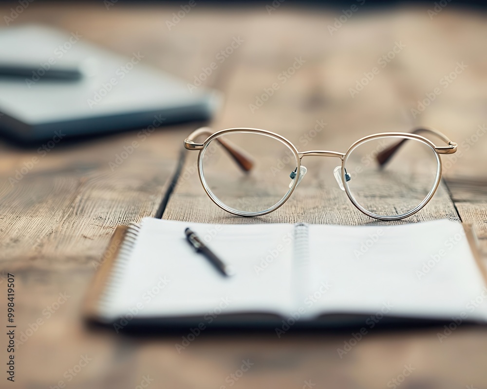 Round glasses with a leather lanyard on an antique writing desk, vintage writer's setup Round glasses with a leather lanyard on an antique writing desk, vintage writer's setup