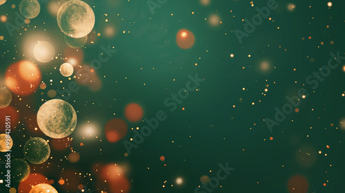 Golden holiday bokeh lights on a dark green background