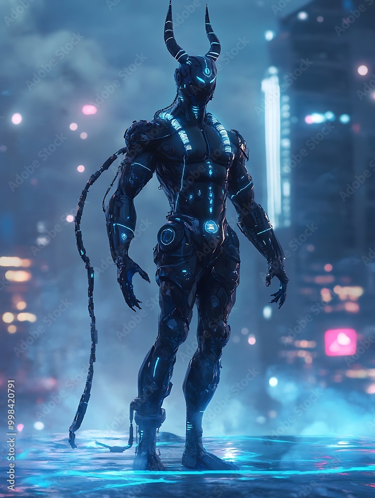 Fototapeta premium Cyborg Demon with Horns Standing on Futuristic Platform.