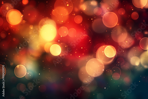 Festive background with colorful bokeh lights in red, orange, and green tones