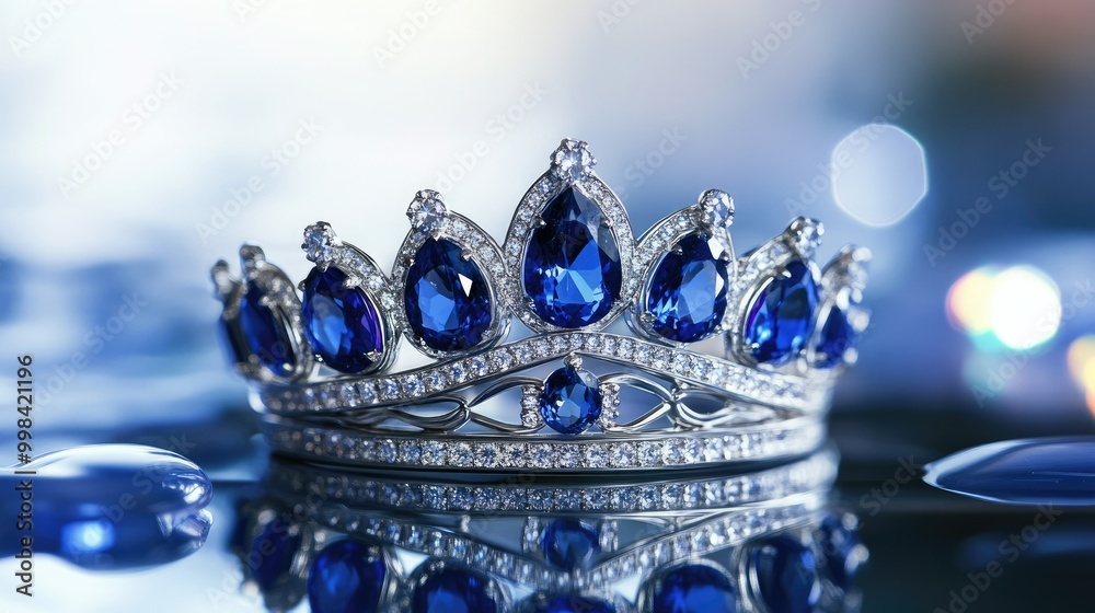 A silver crown with stunning sapphire gemstones, resting elegantly on a reflective surface, symbolizing royalty A silver crown with stunning sapphire gemstones, resting elegantly on a reflective surface, symbolizing royalty