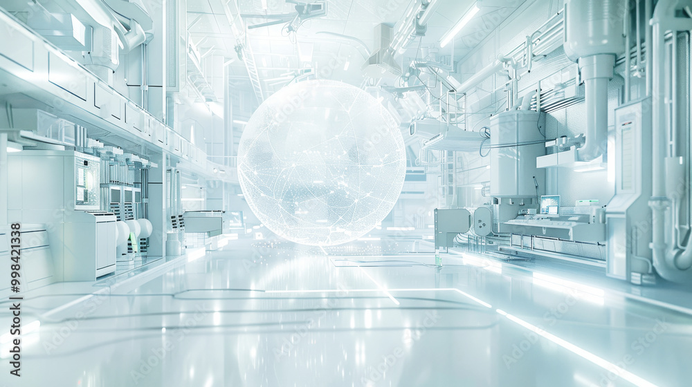 Obraz premium Hologram or plasma sphere in a white research lab. Advanced futuristic technology concept.
