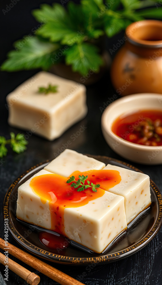 close up of soft tofu with spicy sauce garnished with parsley on dark wooden table asian cuisine food photography vertical format close up of soft tofu with spicy sauce garnished with parsley on dark wooden table asian cuisine food photography vertical format