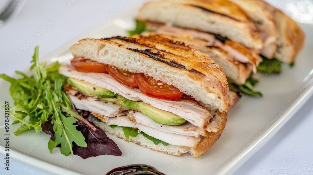 Sandwich with chicken, avocado, tomatoes and arugula Sandwich with chicken, avocado, tomatoes and arugula