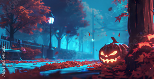 Spooky glowing jack-o'-lantern on a deserted street during Halloween night