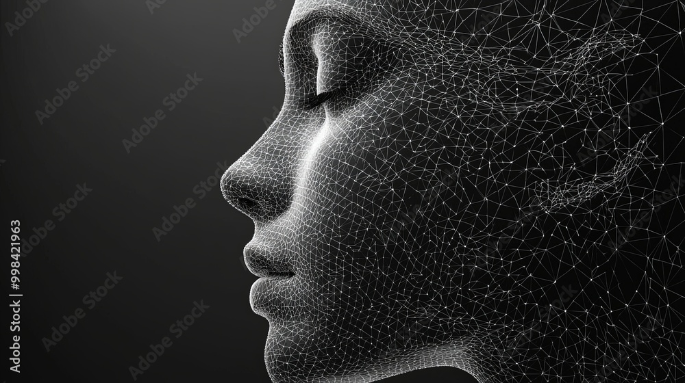 A black 3D mesh model of a human head with geometric points and connected lines, symbolizing the intricate complexity and interconnectedness in modern technological art.
