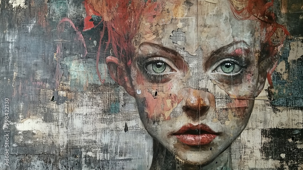 A striking portrait of a young woman with vivid red hair and captivating green eyes displayed on a weathered wooden backdrop