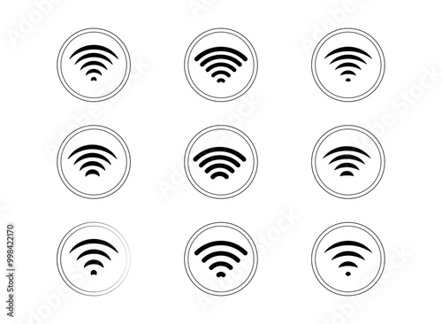 wi-fi iconset. Icon wifi signal. Wireless internet symbol. Set of sign for connect of network. Bar of satellites for mobile, radio, computer. Hotspot, strength electronic wave from antenna 