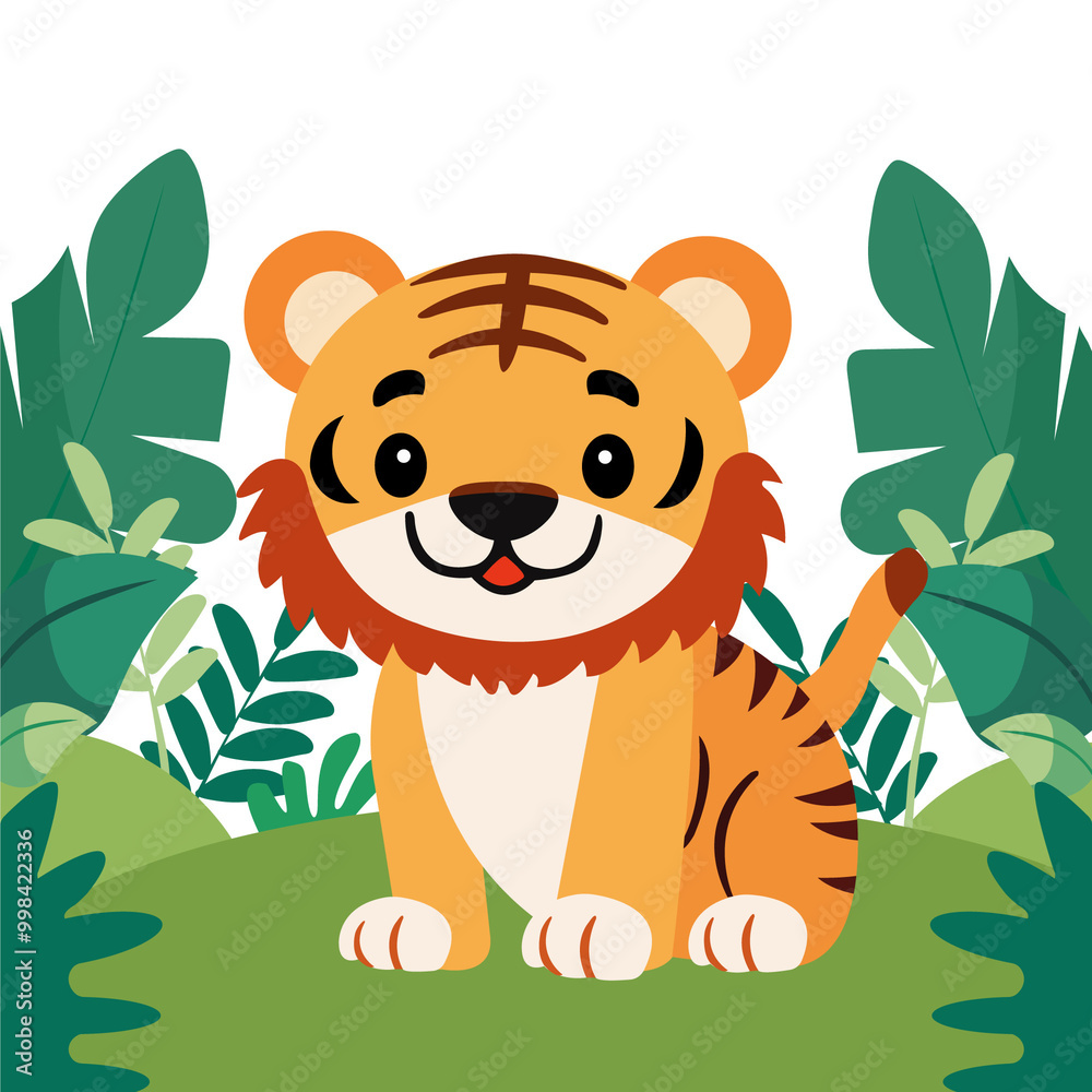 Cute Cartoon Tiger Cub Character Sitting on Nature Background PNG. Cute Cartoon Tiger Cub Character Sitting on Nature Background PNG.
