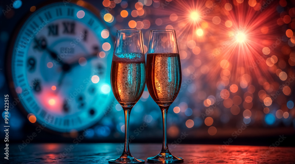 Brindisi di Capodanno - Due calici di champagne al centro con sfondo di luci soffuse e orologio