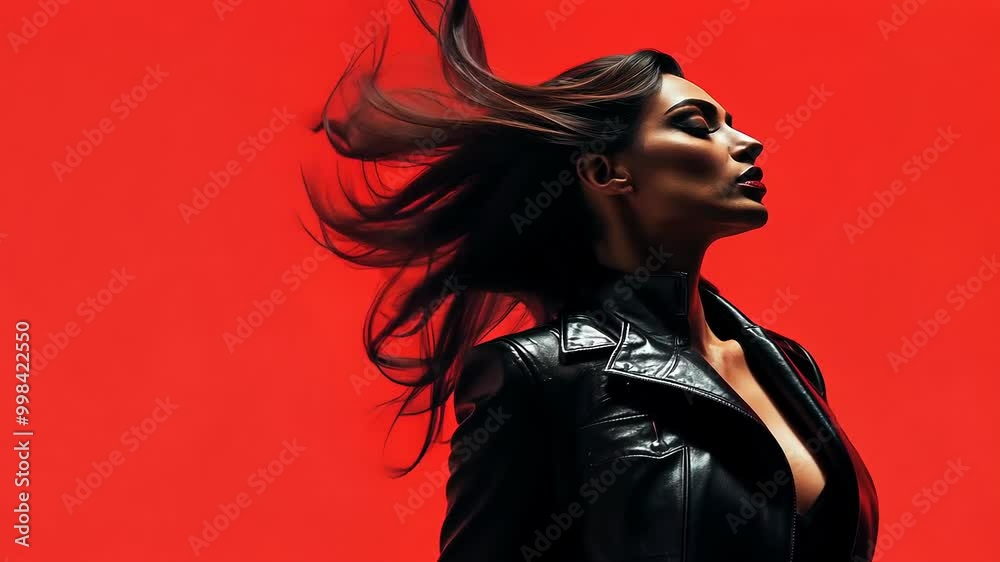 Fashion model with flowing hair red background Fashion model with flowing hair red background