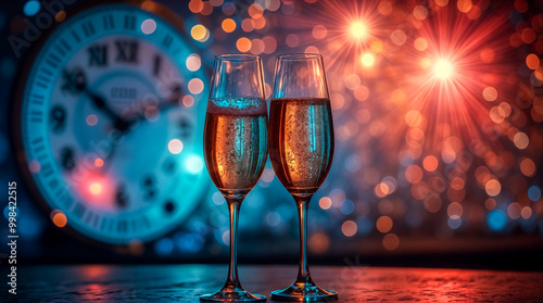 Obraz na płótnie Brindisi di Capodanno - Due calici di champagne al centro con sfondo di luci soffuse e orologio w salonie