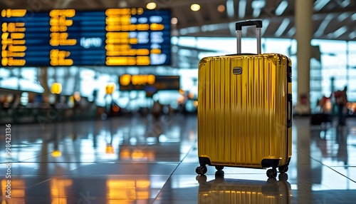 Golden suitcases shine against the backdrop of a digital departure board at Suvarnabhumi International Airport in Thailand photo