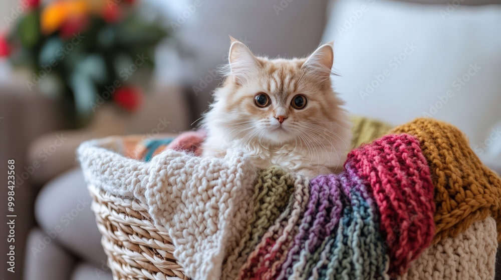 Visualize a cute cat sitting in a basket with a pile of soft, colorful blankets. Visualize a cute cat sitting in a basket with a pile of soft, colorful blankets.