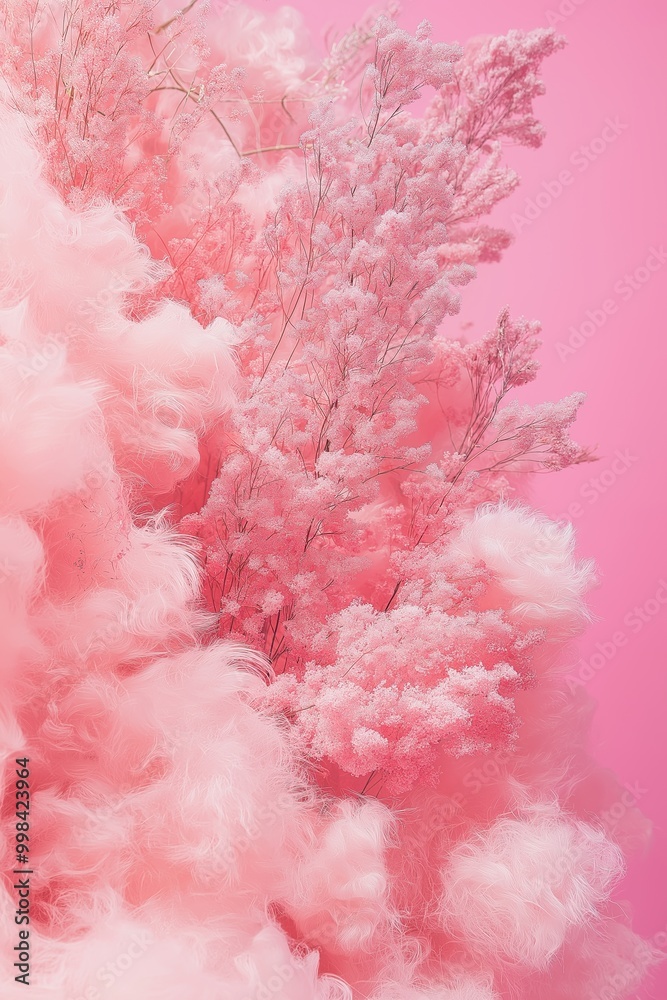 Fototapeta premium A dreamy image featuring delicate blurred pink flowers against a background of fluffy cotton-like textures.