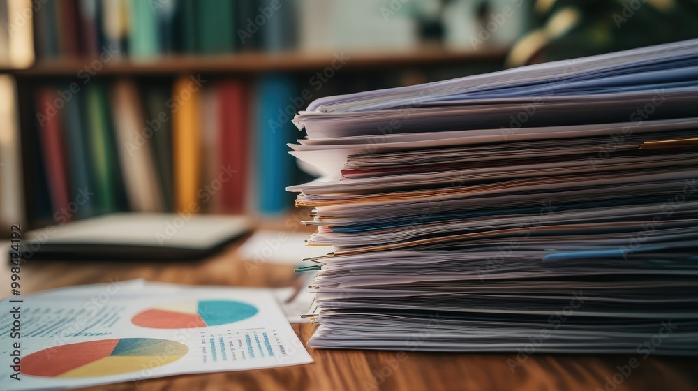 Giant Reportstack A stack of financial reports and pie charts spread across a desk for ...