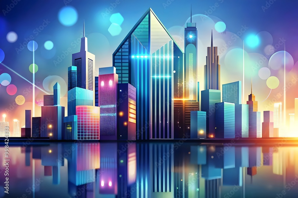Vibrant Modern Cityscape Illuminated Skyscrapers Urban Night Reflections Technology Lights Vibrant Modern Cityscape Illuminated Skyscrapers Urban Night Reflections Technology Lights