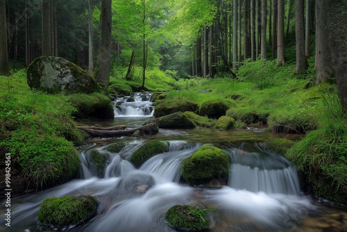 A peaceful forest stream flowing over moss-covered rocks surrounded by lush green trees in a tranquil setting.