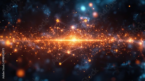 AI connects social IoT networks, visualized as a futuristic cyber web with atom and molecule science elements.