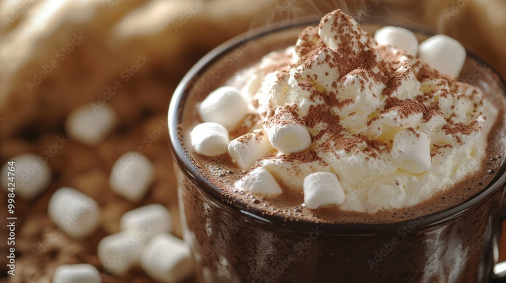 A steaming cup of hot chocolate topped with whipped cream, marshmallows, and a dusting of cocoa powder.