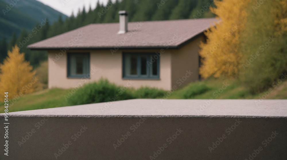 A Concrete top against the background of the house. Empty white countertop for product presentation with blue sky. Outdoor mockup. A Concrete top against the background of the house. Empty white countertop for product presentation with blue sky. Outdoor mockup.