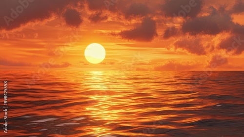 Visualize a golden sunset over a calm sea, with the sky painted in warm hues of orange and red.