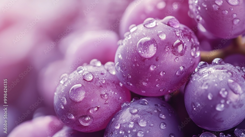 Obraz premium Close-up of purple grapes covered in water droplets, glistening in soft light with selective focus on the juicy berries.