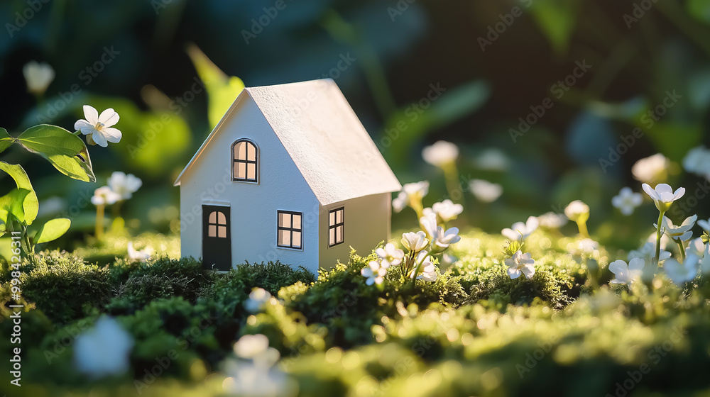 A paper house resting on a bed of moss in a tranquil garden A paper house resting on a bed of moss in a tranquil garden