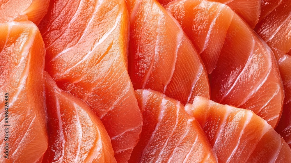 Close-up of raw salmon fillet slices, highlighting the vibrant pink texture and marbled fat lines. Close-up of raw salmon fillet slices, highlighting the vibrant pink texture and marbled fat lines.