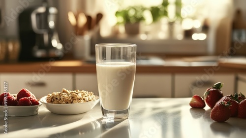 Visualize a health-conscious individual sipping a glass of milk in a clean, bright kitchen.