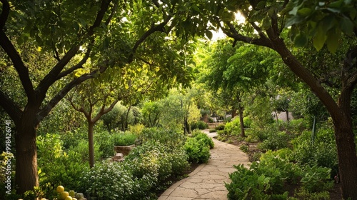 Visualize a lush fruit garden with an abundance of nut trees.