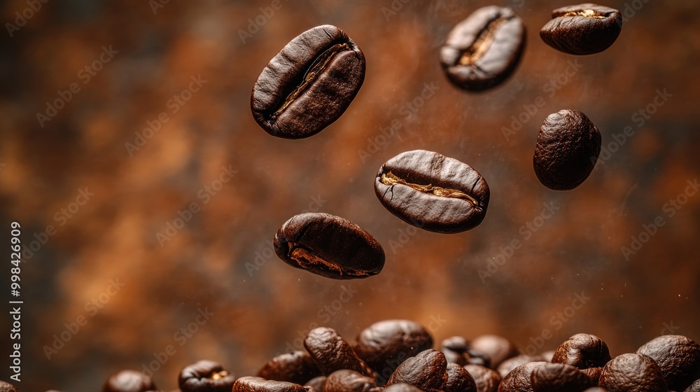 Close-up of roasted coffee beans falling into a pile, creating a dynamic scene against a brown, earthy background. Close-up of roasted coffee beans falling into a pile, creating a dynamic scene against a brown, earthy background.