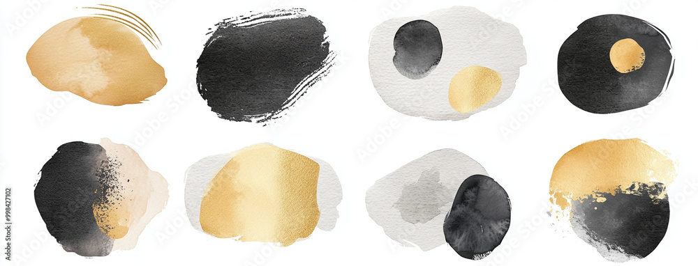 Abstract shapes set with watercolor and gold brush strokes create ...