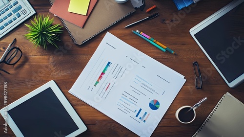 A top-down view of a desk with business reports, a tablet, and office supplies organized for productivity.