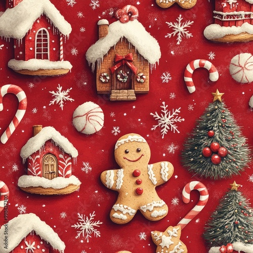 Red and White Christmas Pattern with Gingerbread Cookies, Candy Canes, Stars, Houses, and Snowflakes