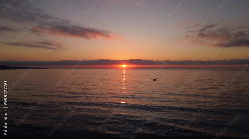 A tranquil drone shot of a stunning sunrise over calm ocean waters, with a peaceful horizon and subtle clouds reflecting warm golden tones