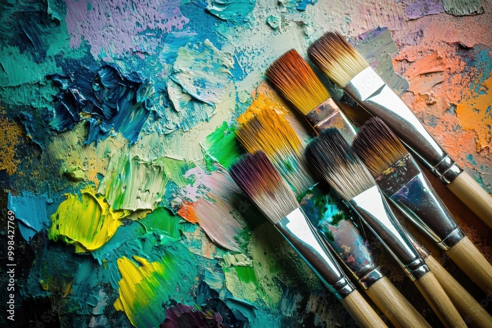 Obraz premium Bright splashes of paint cover a palette, while paintbrushes lean against a canvas, creating a lively artistic atmosphere. Generative AI