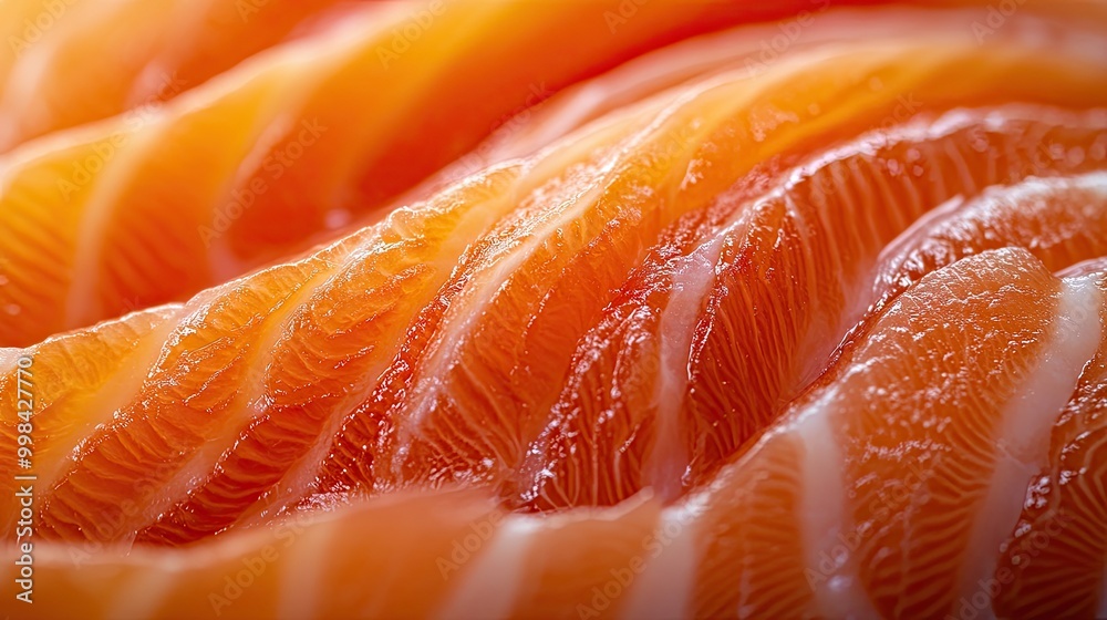Detailed close-up of raw salmon fillet, showing off its fresh, smooth texture and bright orange-pink hue. Detailed close-up of raw salmon fillet, showing off its fresh, smooth texture and bright orange-pink hue.