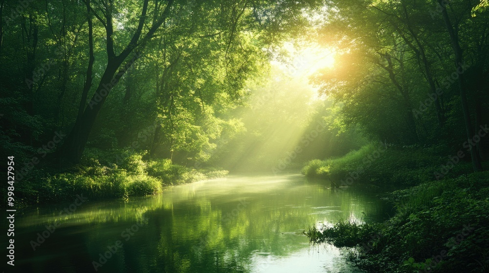 Obraz premium A tranquil river meandering through a lush forest, with sunlight filtering through the trees.