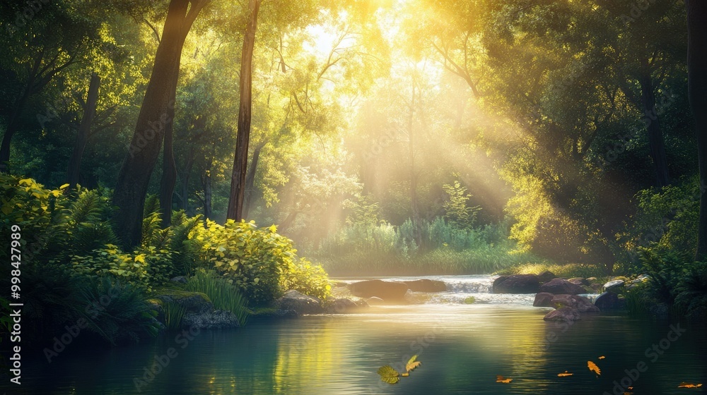 A tranquil river meandering through a lush forest, with sunlight filtering through the trees.