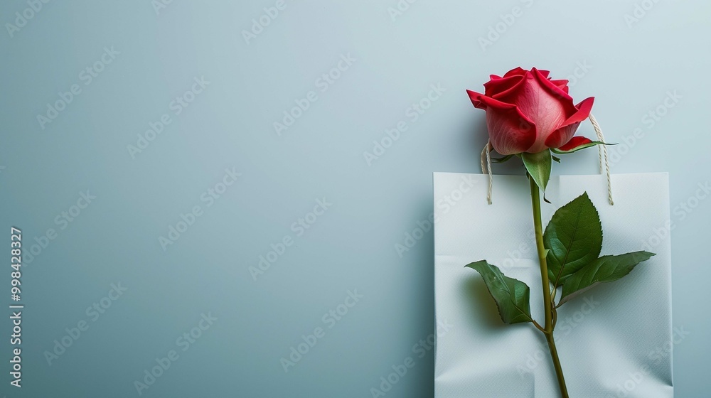 Obraz premium Single red rose rests on top of white paper bag mockup viewed from above, ai generated